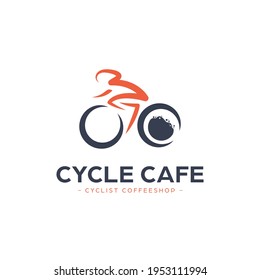 Bicycle coffee shop cafe logo with cyclist riding bike and coffee foam icon illustration logo