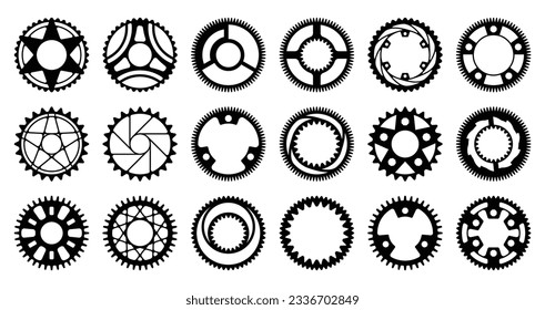 Bicycle cogwheel. Cyclic gear system black elements silhouette for bicycle, circular disk mechanism for gear chain. Vector collection. Sport components for bike equipment isolated set