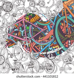 Bicycle Collage. Hand drawn,color illustration in doodle style.