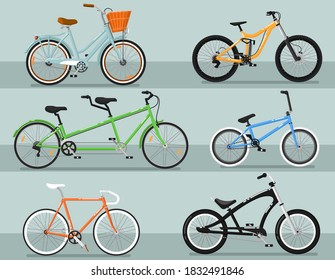 Bicycle collection. Vector tandem, road, urban bike model, bicycle for extreme mountain and downhill sport collection. Eco-friendly transport different type for outdoor activity and walk illustration