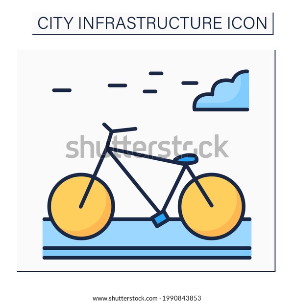 Bicycle color icon. Bikeway\
with lanes on road for cyclists only. Outdoor bicycle movement.\
Outline drawing. City infrastructure concept. Isolated vector\
illustration