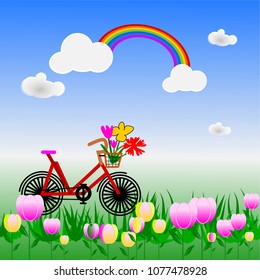 bicycle in colorful flower garden with a rainbow in the sky 

,illustration vector.