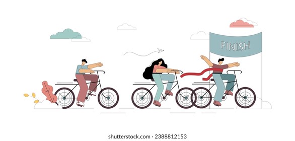 Bicycle competition 3 people. Business cycling competition to success. The intersection of the finish line