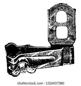 It is a bicycle component usually attached to the chain stay. The paddle is fixed to the flat arm, vintage engraved line art illustration. Bicycle Accessories - 1900
