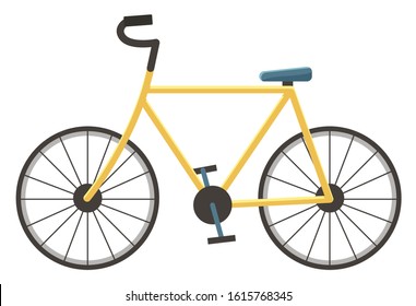 Bicycle consist of pedal and saddle, two wheels attached to frame, one behind the other. Isolated sport bike for active cyclist for offroad travel. Vector illustration on vehicle in flat style