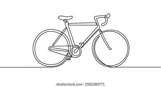 Bicycle in continuous line drawing. Minimalist depiction of eco-friendly transportation, cycling, and outdoor sports. Vector illustration hand drawn.