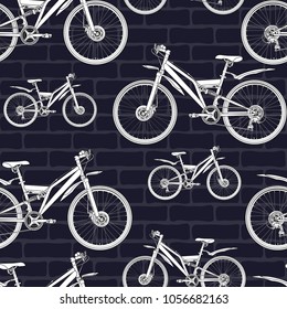 Bicycle contour drawing seamless pattern, sketch, coloring, vector background. Outline white drawn bikes half-face with many multiple details on a dark blue backdrop with a brick wall texture