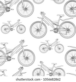 Bicycle contour drawing seamless pattern, monochrome, black and white illustration, sketch, coloring, vector background. Outline drawn bikes half-face with many multiple details on a white backdrop
