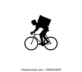 Bicycle courier. Delivery man. Bicycle delivery service. Man on a bicycle with a box over his shoulders. Fast food delivery and online orders. Black silhouette on a white background. Flat vector 