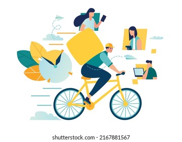 Bicycle courier express delivery service. online food delivery courier delivery man on bicycle with parcel on his back food box. vector illustration. smart food delivery bike