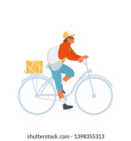 Bicycle courier man with bag riding bike to perform delivery. Courier delivers box with goods by bicycle. Vector flat character in EPS 10