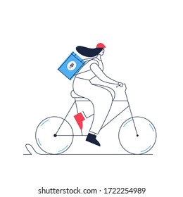 Fahrradkurier mit Paketbox auf der Rückseite. Vektorflache Illustration. City-Fahrrad-Service, Essen Express. Frauen, die Fahrrad fahren. Hipster-Zeichen einzeln auf weißem Hintergrund. 