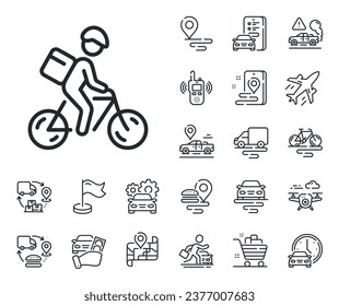 Bicycle courier sign. Plane, supply chain and place location outline icons. Delivery bike line icon. City transport symbol. Delivery bike line sign. Taxi transport, rent a bike icon. Vector