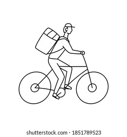 Bicycle courier vector linear illustration on white background. Delivery food concept