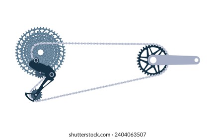 Cráter de bicicleta con piñón de velocidad. Equipo de bicicleta. Encadenamiento, grúas, cassette, cadena, derailleur trasero. Ilustración vectorial plana