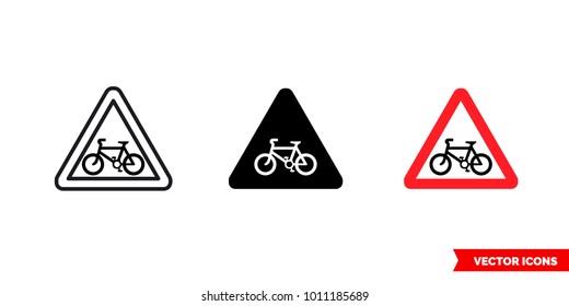 Bicycle crossing warning sign icon of 3 types: color, black and white, outline. Isolated vector sign symbol.