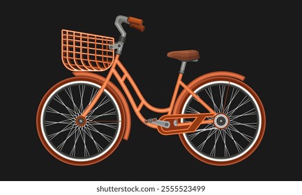 A bicycle with a curved frame for trips around the city. Ladies light brown bike with white trim. Black background. Vector illustration