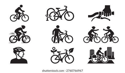 Conjunto de iconos de bicicleta y ciclismo con cercanías y equitación recreativa