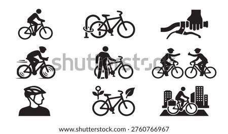 Bicycle and cycling icon set featuring commuter and recreational riding