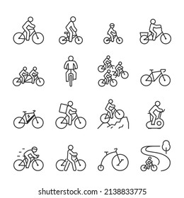 Bicycle, cyclists icons set. Bicycle ride, icon collection. Line with editable stroke