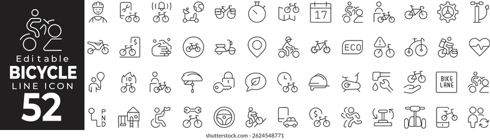 ícone Dia da Bicicleta definido com traçado editável. Dia mundial da bicicleta e eco montar coleção de ícones de linha fina. Ilustração vetorial