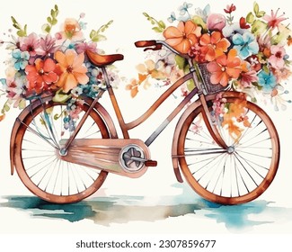 Bicicleta decorada con flores. Decoración de ciclos por ilustraciones de arte vectorial de ramo de flores.