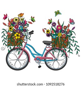 Bicycle decorated with flowers and leaves in wooden box or basket. Design elements label, emblem, poster, t-shirt. Vector illustration