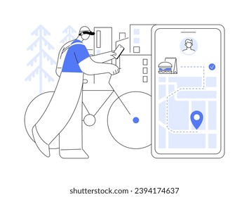 Bicycle delivery abstract concept vector illustration. Smiling courier with smartphone delivers food riding a bike, commercial city transportation, shipping meal from restaurant abstract metaphor.