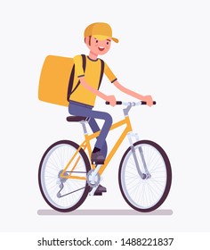 Bicycle delivery boy. Courier service worker riding a bike delivers food, order or parcel to customer, online ordering city shipping. Vector flat style cartoon illustration isolated, white background