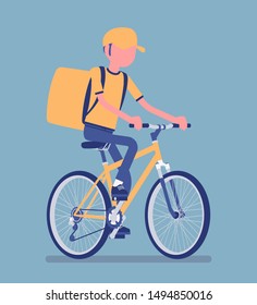 Bicycle delivery boy. Courier service worker riding a bike delivers food, order or parcel to customer, online ordering city shipping. Vector illustration with faceless character