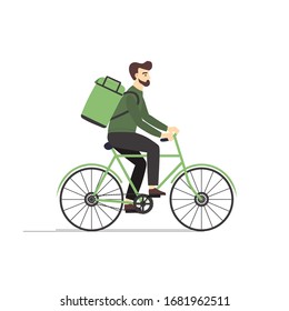 Bicycle delivery guy. Courier service worker delivers online ordering food to customer on bike. Vector flat cartoon illustration