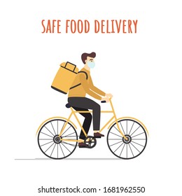 Bicycle delivery guy. Courier service worker delivers online ordering food to customer on bike in quarantine. Protect from COVID-19 coronavirus. Vector flat cartoon illustration