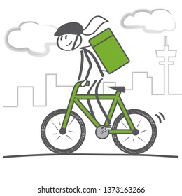 Bicycle Delivery Logistics Courier. Bike Messenger. Woman On Bicycle With Courier Bag 