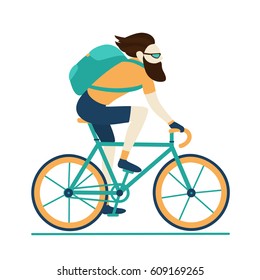 Bicycle delivery logistics courier. Bike messenger bearded male character hipster style. Blue yellow colors. Isolated on white background. Vector design illustration.