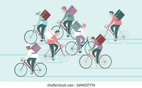 Bicycle delivery logistics couriers. Cool courier person characters riding bicycle with delivery box. Courier bicycle delivery service concept. Flat vector illustration