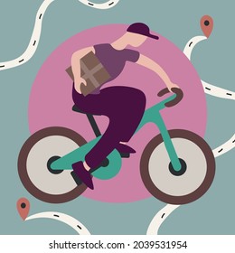 Bicycle delivery man. Courier delivery of groceries and parcels to home and office. Flat style.