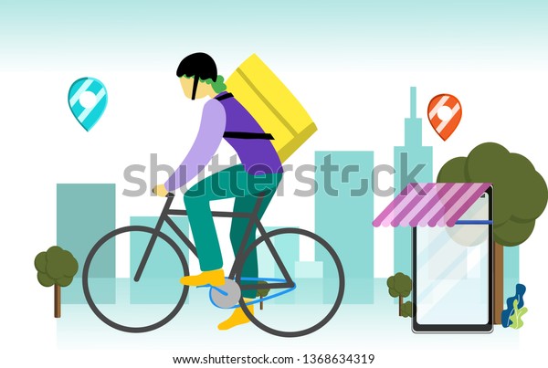 bicycle delivery man with parcel box on\
the back. Ecological city bike food delivering service concept with\
courier carrying package on modern city\
background