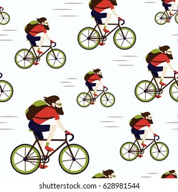 Bicycle delivery messenger courier bearded hipster male character with backpack wearing shorts and t-shirt. Urban logistics transportation. Seamless pattern on white background. Vector illustration.