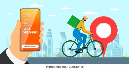 Bicycle delivery ordering service app banner concept. Hand holding smartphone with geotag location pin on city map and fast carrying courier on bike with backpack. Food and goods online order. Vector