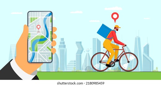 Bicycle delivery ordering service app banner concept. Hand holding smartphone with geotag location pin on city map and express carrying courier on bike with backpack. Food and goods online order. Eps
