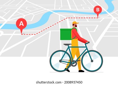 Bicycle delivery ordering service banner design template. Route with geotag gps location pins on city street map and express carrying courier with backpack. Online order vector eps illustration