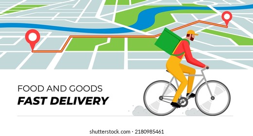 Bicycle delivery ordering service banner design template. Route with geotag location pins on city map and fast carrying courier on bike with backpack. Food and goods online order vector illustration