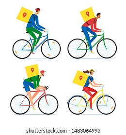 Bicycle delivery people set. Men and woman riding on a bicycle with bacpack and delivering orders. Hand drawn cartoon illustration for your design.