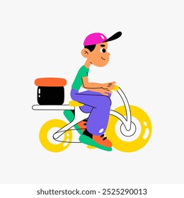 Bicycle delivery rider in flat vector illustration symbolizing food delivery, transportation, and courier service, isolated on white background