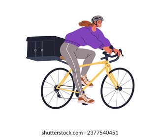 Bicycle delivery service. Woman courier riding bike, delivering food, meal order in thermo box, package. Girl cycling with bag, container. Flat graphic vector illustration isolated on white background