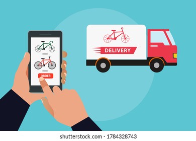 Bike-Liefervektor-Konzept: nicht identifizierte Hände, die Fahrräder mit Online-Shopping-Anwendung kaufen