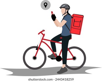 Bicycle delivery woman carrying backpack e-commerce concept Flat vector illustration
