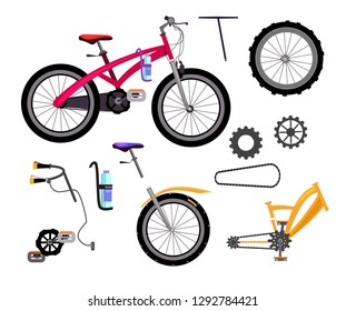 Bicycle details set. Wheel, chain, seat. Driving vehicle concept. Vector illustration can be used for topics like sport, activity, lifestyle