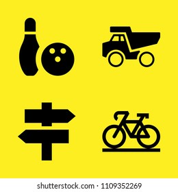 bicycle, direction, dumper and bowling vector icon set. Sample icons set for web and graphic design