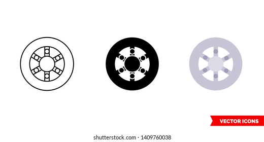 Bicycle disk brake icon of 3 types: color, black and white, outline. Isolated vector sign symbol.